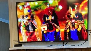 A television mounted on a wall displaying colorful animated characters. Below the TV, there is a black wood-burning stove with a glass door, set against a wooden wall.
