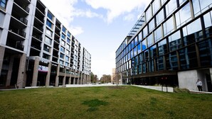 Un edificio moderno con varios pisos, ventanas amplias y un patio con césped.