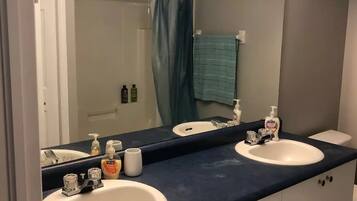 Hair dryer, towels, soap, toilet paper