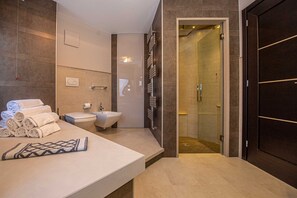 Douche, séchoir à cheveux, bidet, serviettes fournies