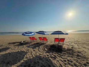 Beach nearby, sun loungers