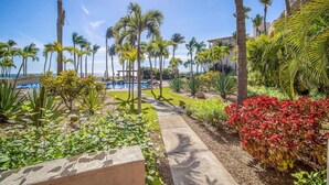 A resort with a pool, palm trees, and a clear view of the ocean.
