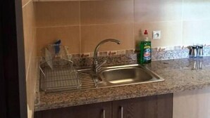 Une cuisine avec des meubles de rangement en bois, un évier en acier inoxydable et un égouttoir à vaisselle.