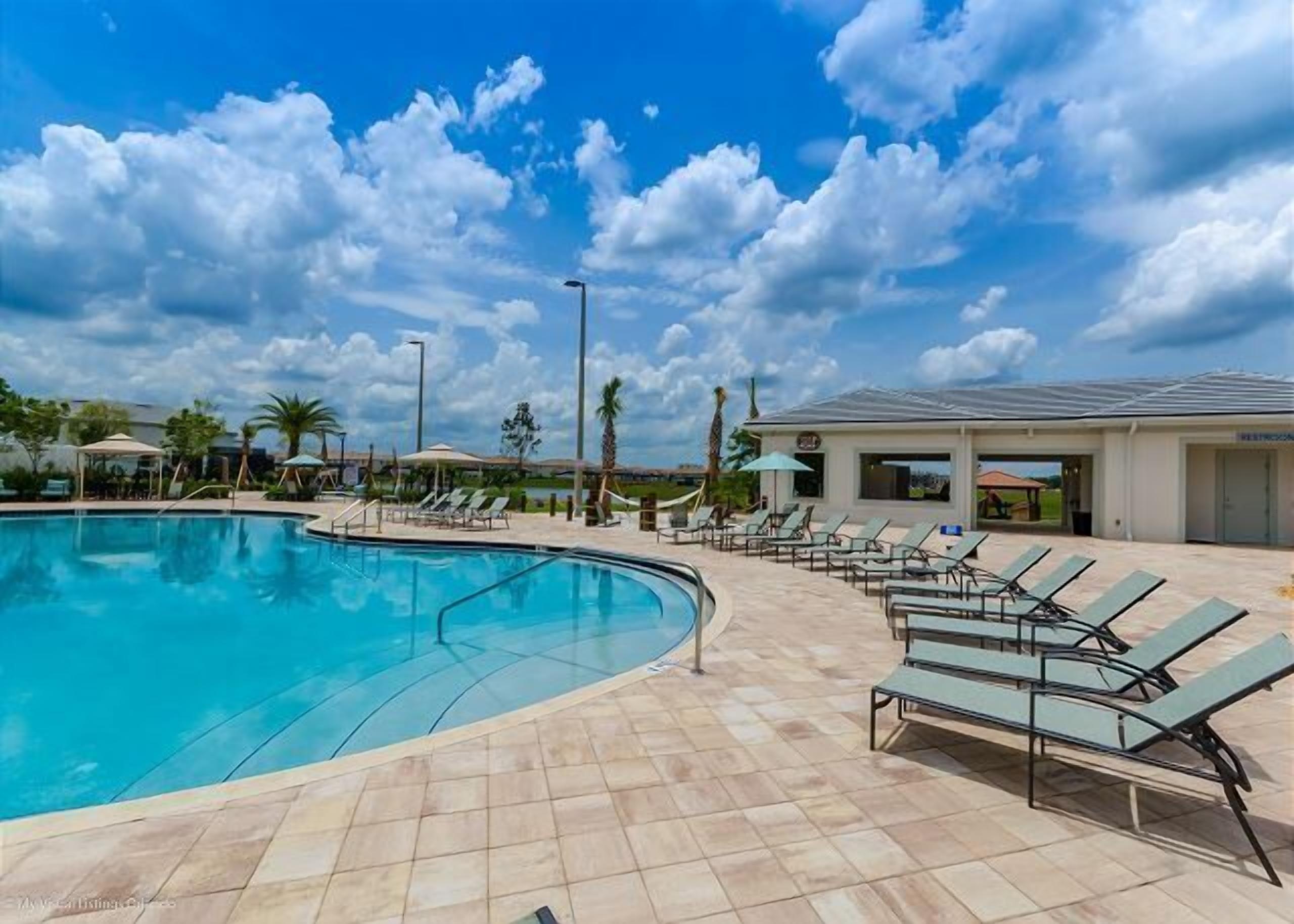 A swimming pool with lounge chairs and a covered area, surrounded by palm trees and a clear sky.