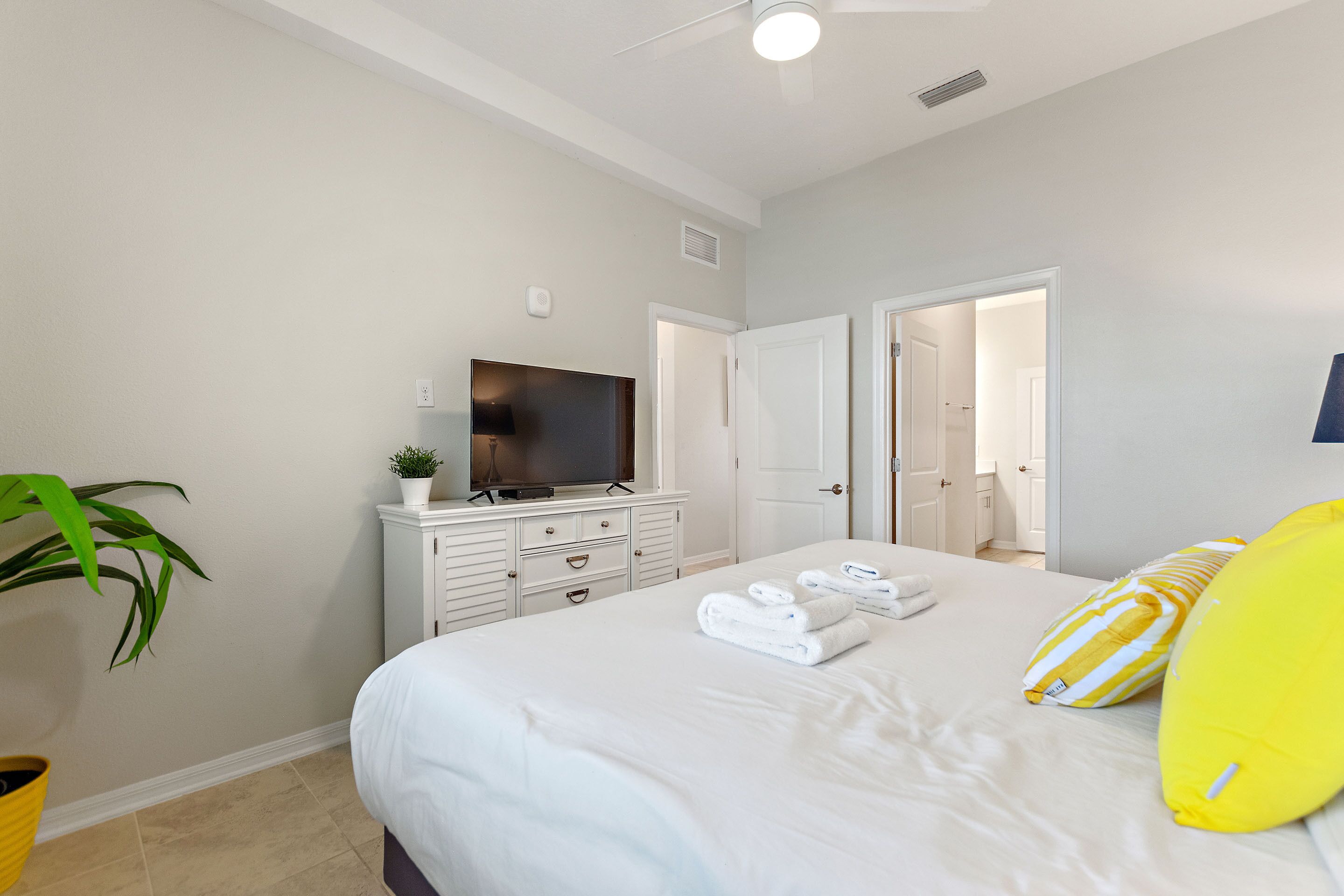 Un dormitorio con cama, televisor en una cómoda, una planta y una puerta que da a otra habitación.