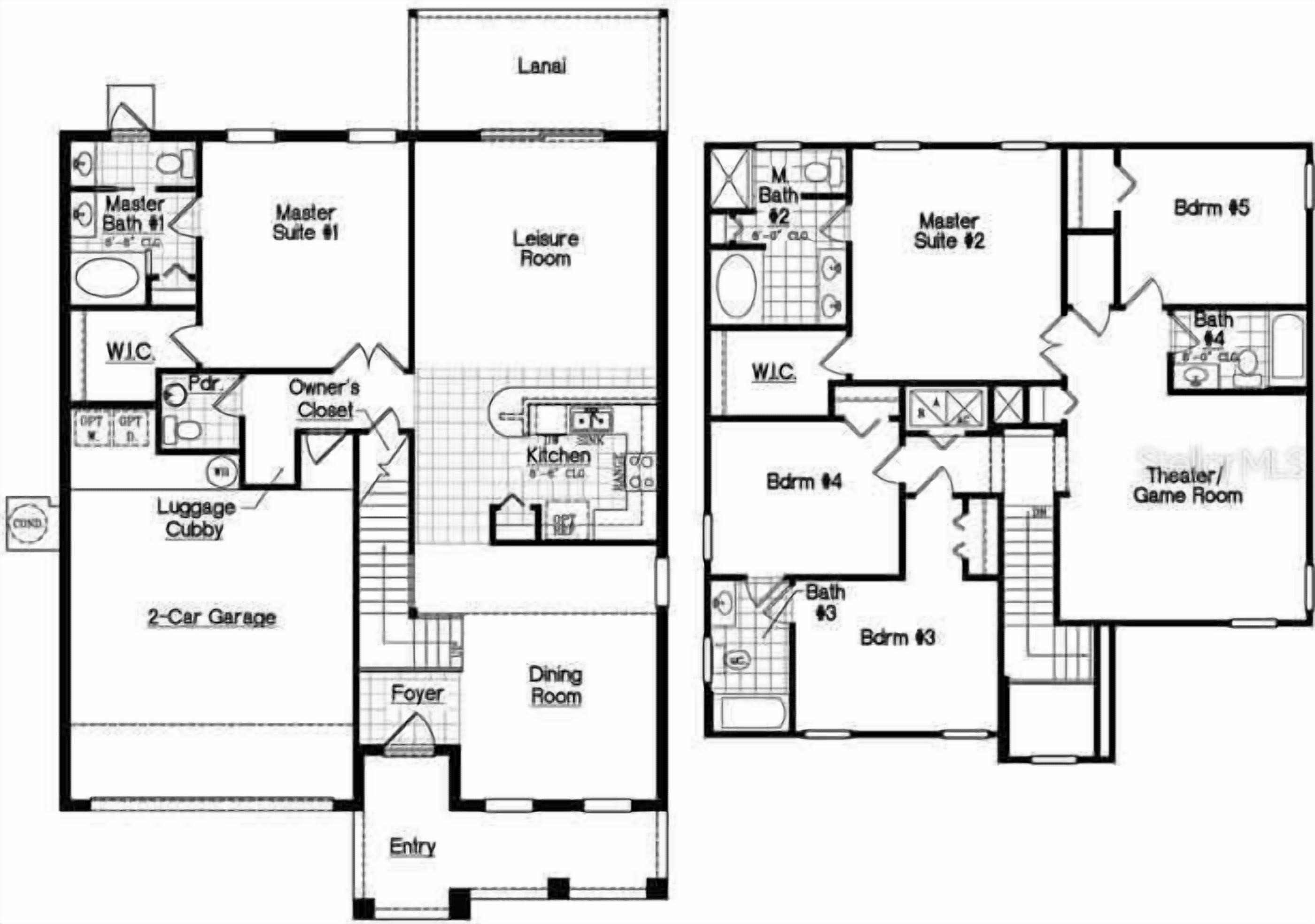 A floor plan of a hotel with two master suites, a dining room, a kitchen, a luggage cubby, a 2-car garage, and a theater/game room.