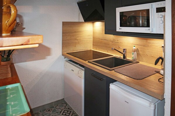 Fridge, microwave, dishwasher, cookware/dishes/utensils