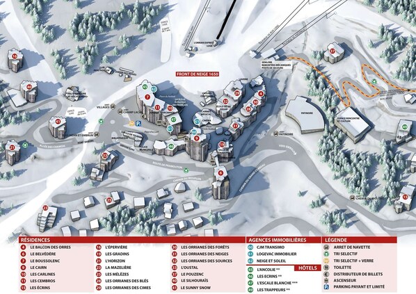 A detailed map of a ski resort with marked locations for accommodations, amenities, and facilities.