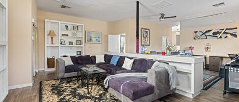 TV, fireplace, books