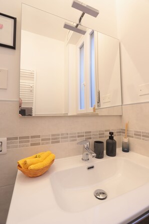 Chuveiro, secador de cabelo, bidê, toalhas de banho