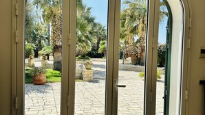 Vista através de portas de vidro em arco que dão para um alpendre externo com palmeiras e plantas em vasos.