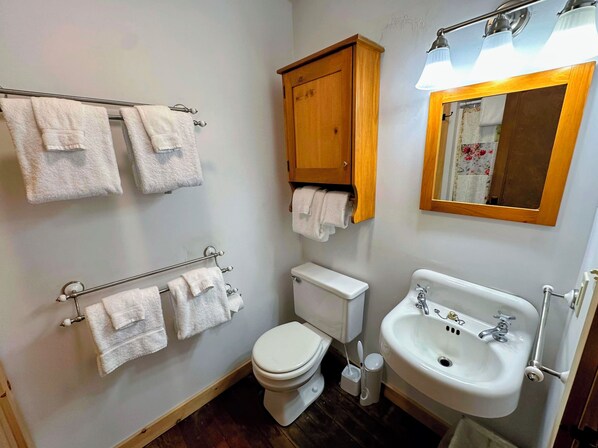 Une salle de bain avec des toilettes, un lavabo et un meuble en bois.