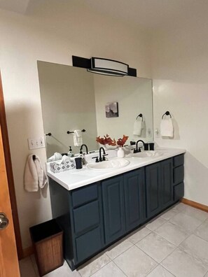 Hair dryer, towels, soap, toilet paper