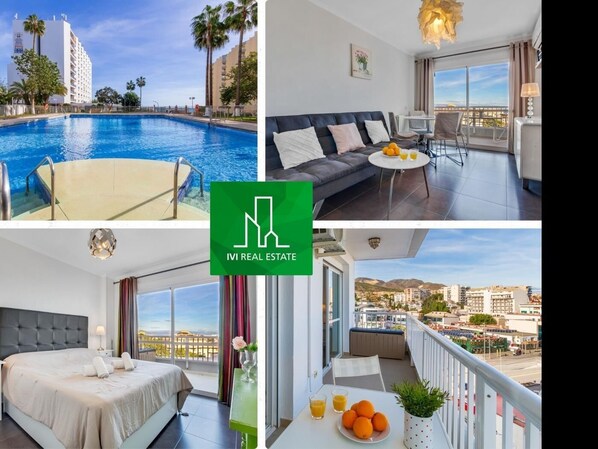 Un hotel con piscina, un balcón con vistas a la ciudad, un dormitorio con una cama grande y vistas, y una sala de estar con sofá y mesa.