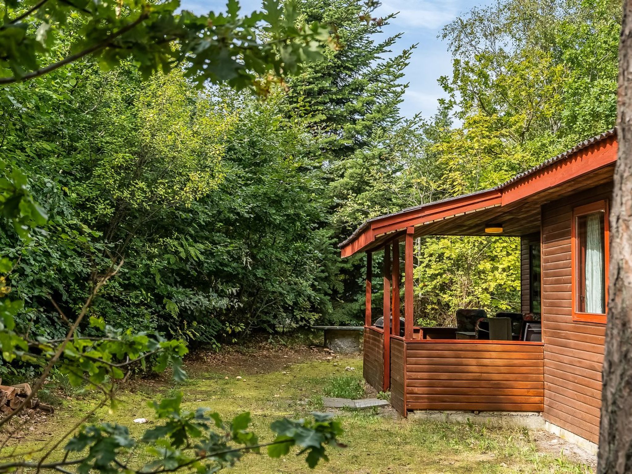 A wooden cabin with a porch, surrounded by dense forest.
