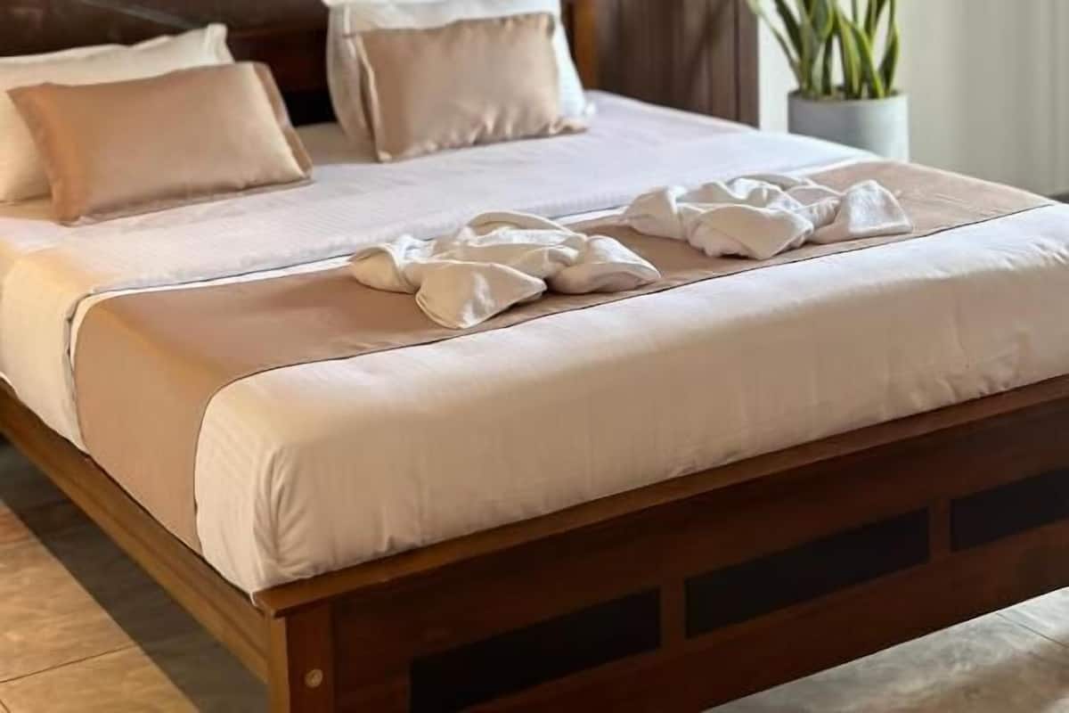 Cama bem arrumada com lençóis brancos e cabeceira de madeira, luminária fixada na parede e um vaso com planta.