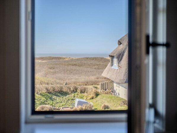Une vue à travers la fenêtre d’une maison au toit de chaume, avec un champ verdoyant et une étendue d’eau au loin.