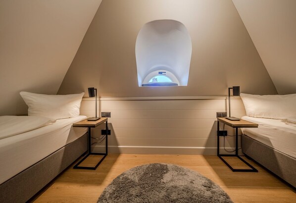 A cozy attic bedroom with two beds, a skylight, and a small rug.