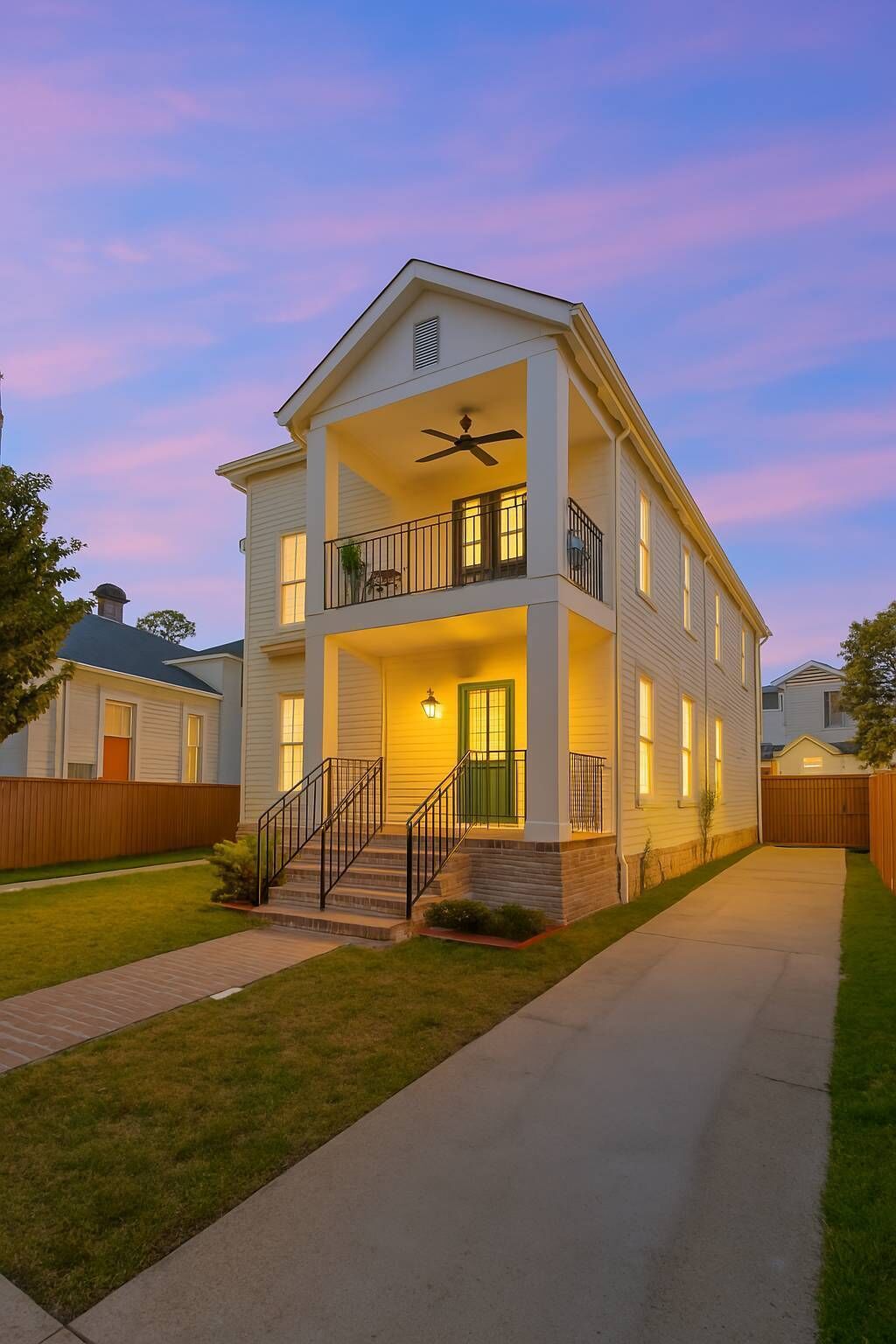 A two-story house with a balcony, a front porch, and a driveway.
