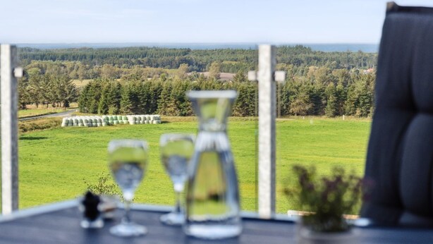 A table with three glasses and a vase, overlooking a green landscape with hay bales and trees.