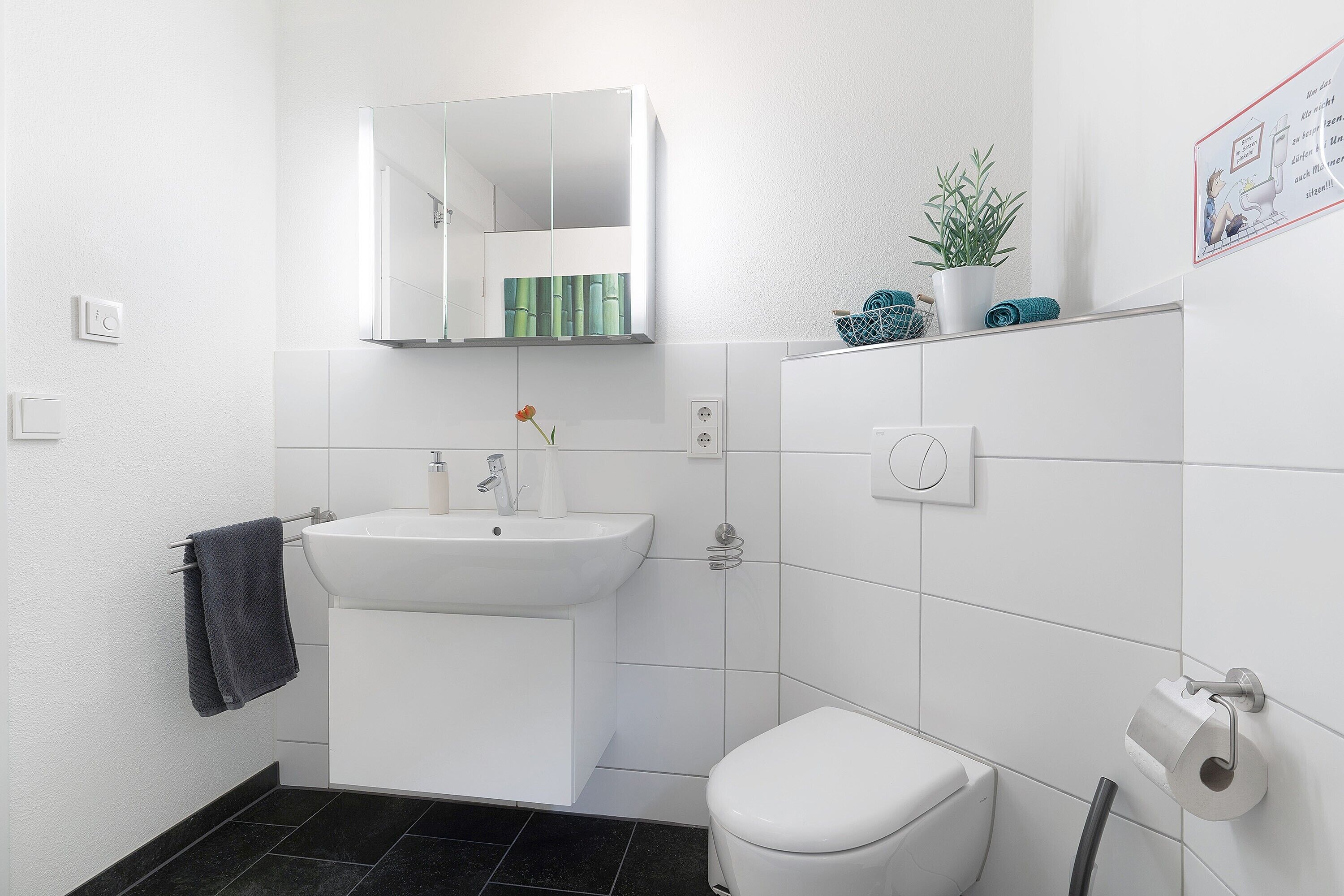 A bathroom with a sink, toilet, and mirror.
