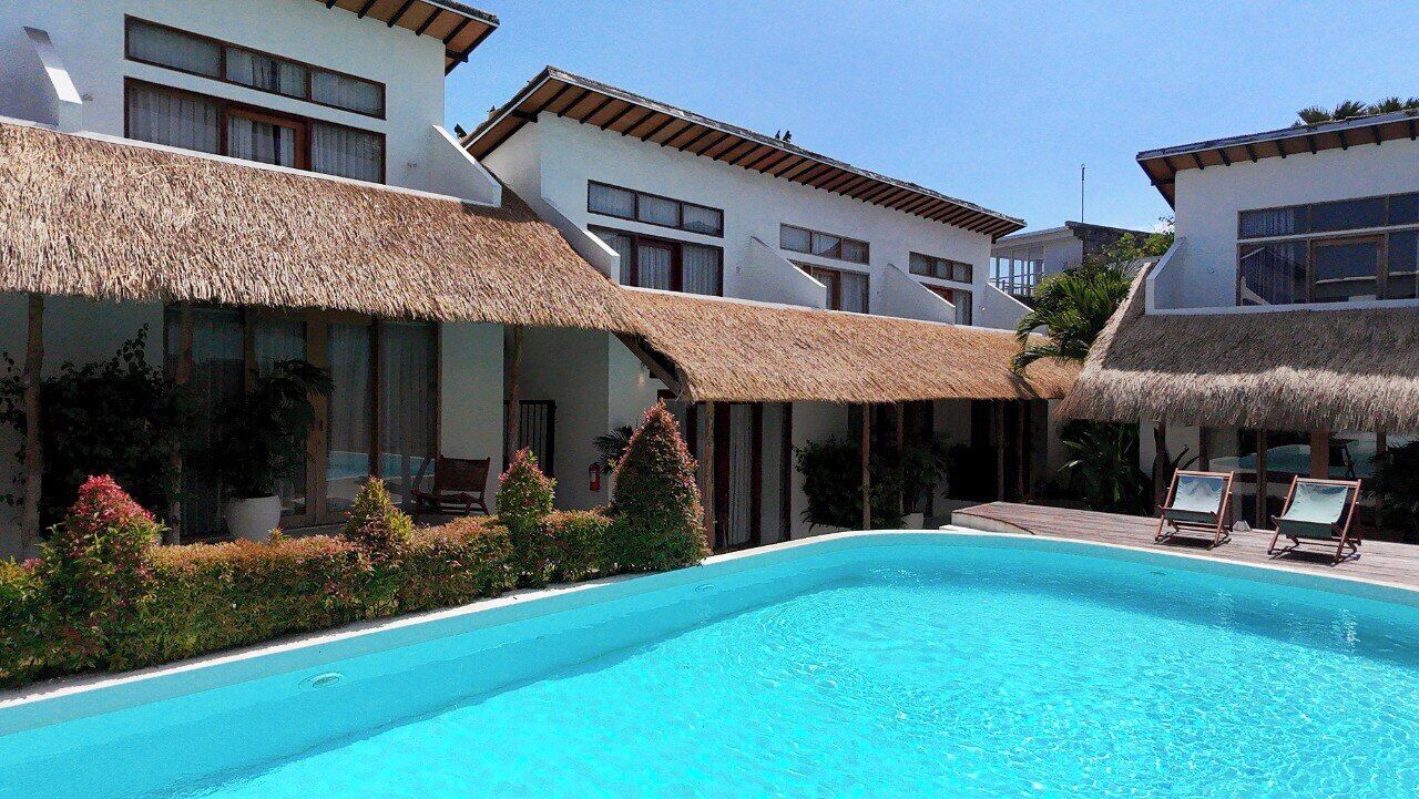 Outdoor pool, pool umbrellas, pool loungers