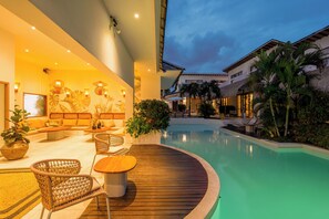 Outdoor pool, pool umbrellas, pool loungers
