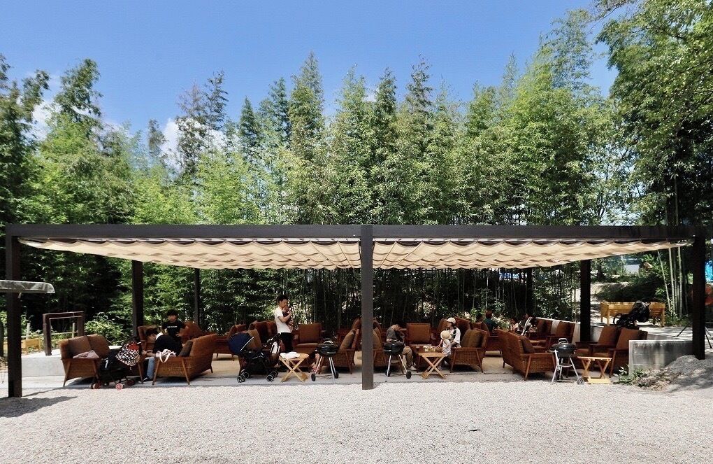 Un espacio al aire libre con varios sofás y mesas, cubierto por una gran toldo, rodeado de árboles.