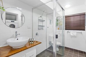 Shower, hair dryer, towels