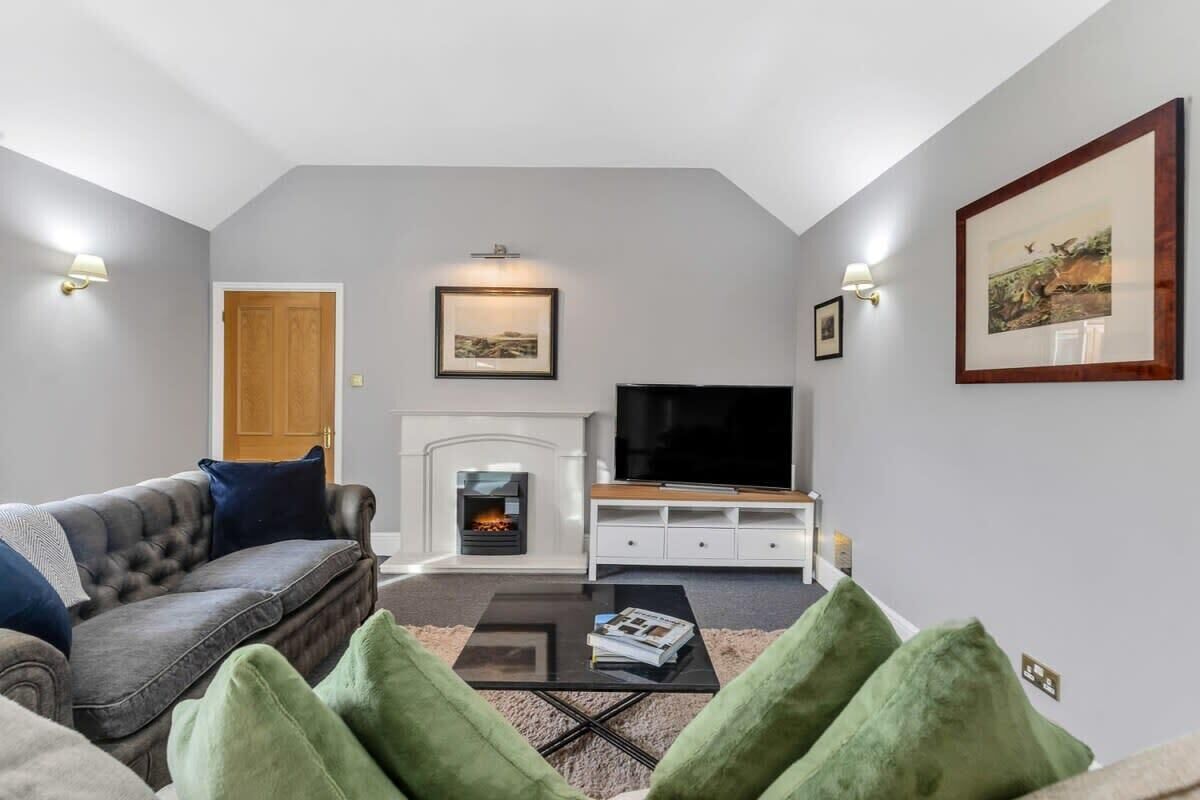 Una sala de estar con chimenea, televisor y sofá.