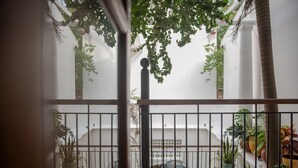 Vista de um pátio com plantas em vasos e um edifício branco ao fundo.