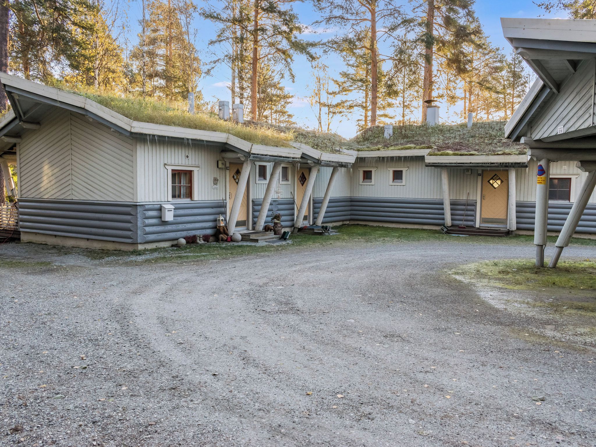 A row of log cabins with a gravel driveway, surrounded by trees.