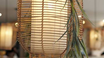 A woven hanging light fixture with a plant.