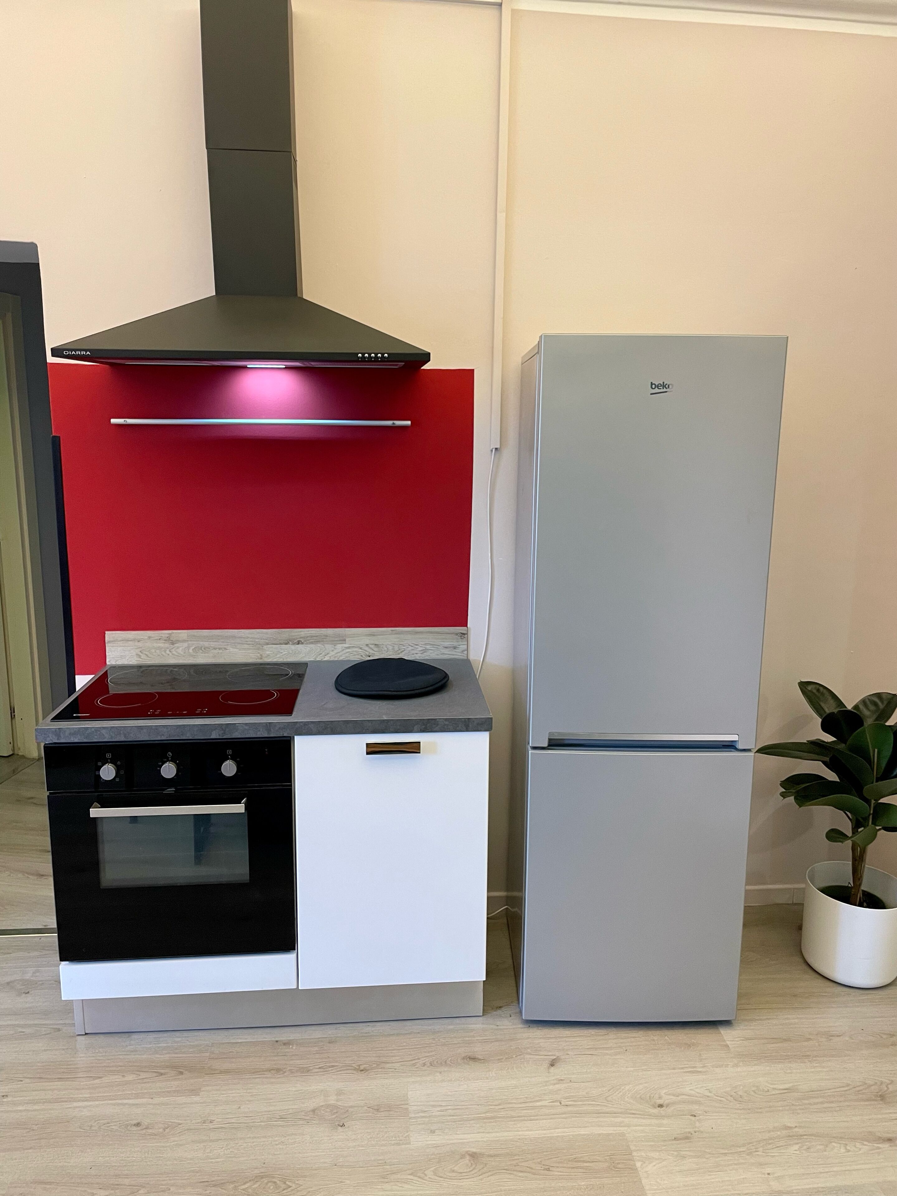 Une petite cuisine équipée d’un four encastré, d’une plaque de cuisson et d’un réfrigérateur.