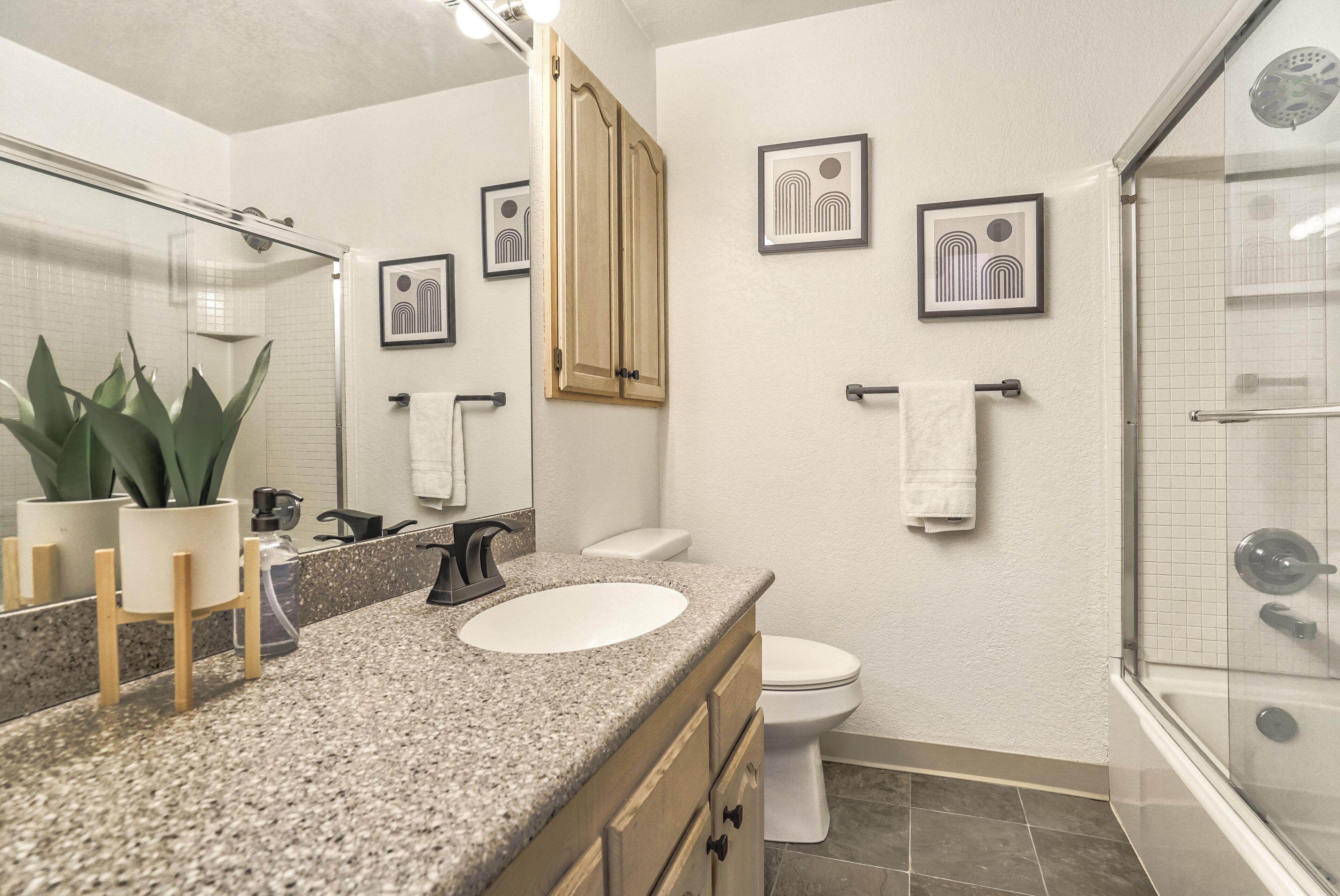 A modern bathroom with a granite countertop, a white sink, a toilet, a glass shower enclosure, and framed artwork on the walls.