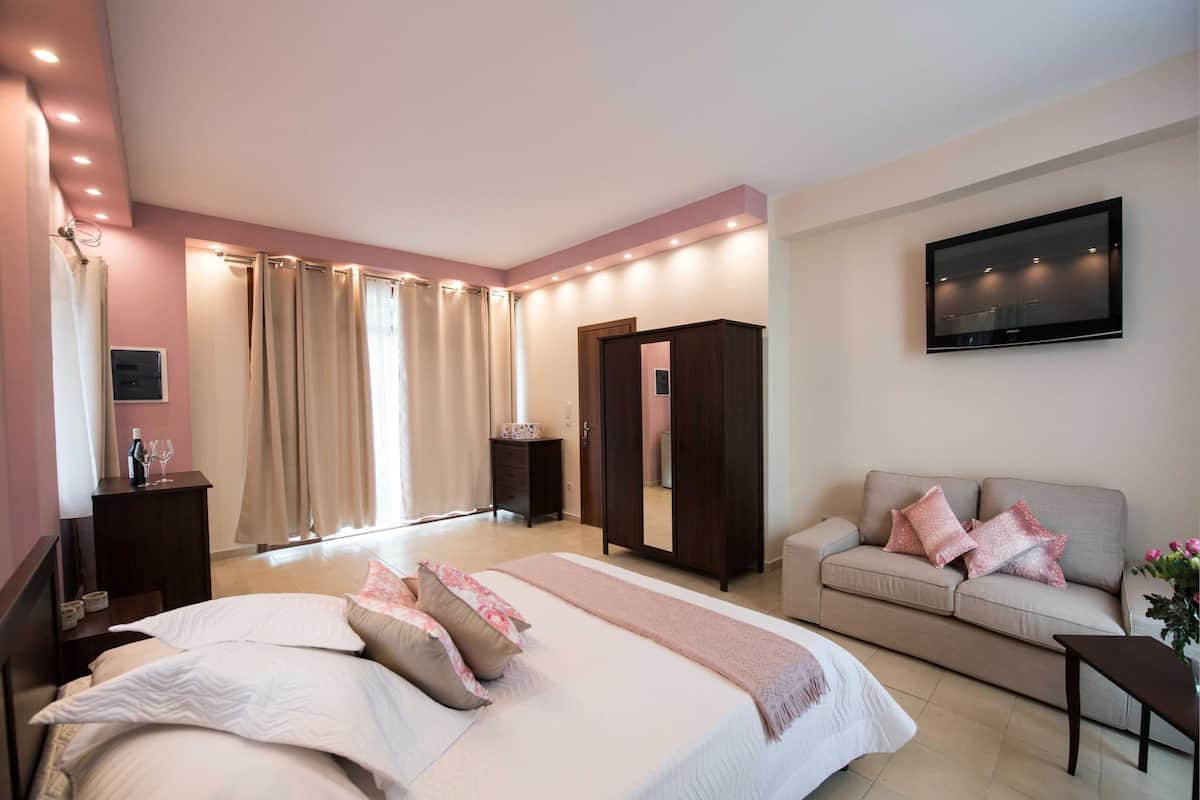 A modern bedroom with a large bed, a sofa, a TV, and a wardrobe.