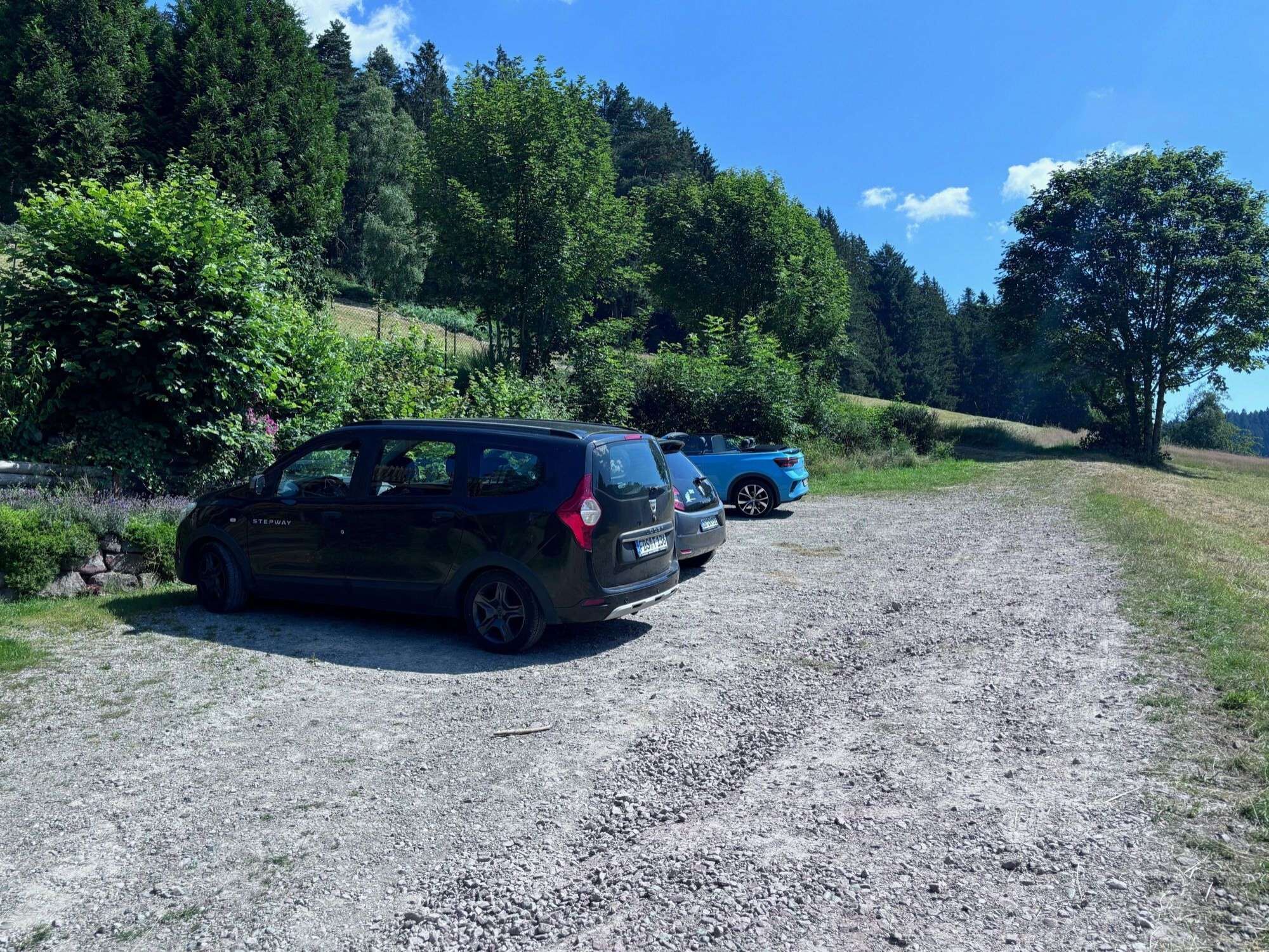 Een grindpad met geparkeerde auto's en een beboste heuvel op de achtergrond.