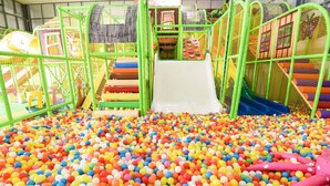 Un espace de jeux avec une piscine à balles et un toboggan.