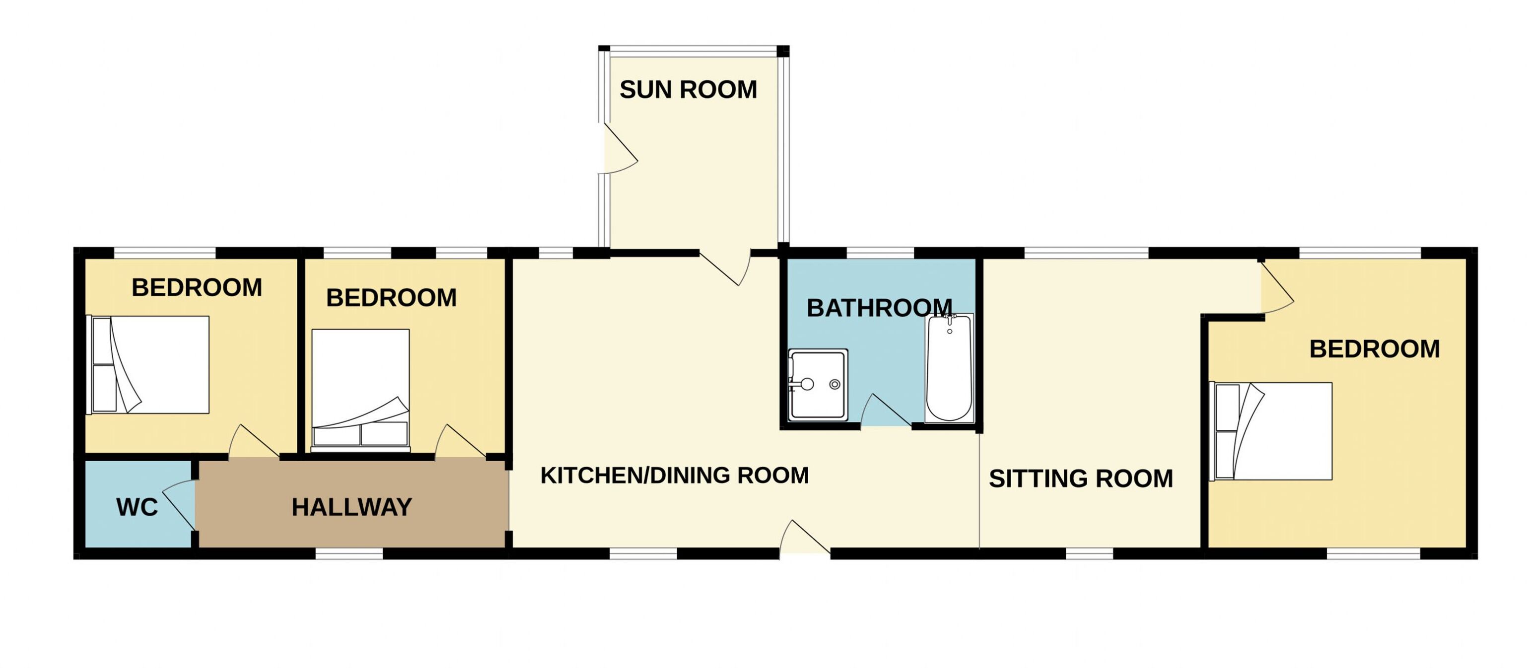 Plano de planta que muestra dos dormitorios, un baño, cocina-comedor, sala de estar y un solárium.