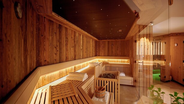 A wooden sauna with benches and a wooden bench in the center. - Ferienwohnung Bootshütte, 1-5pers., 2sep. SZ, 2.og, Balkon mit Chiemseeblick (Chieming)
