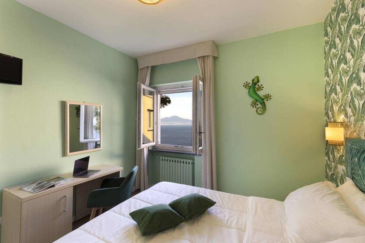 Ein Zimmer mit einem Bett, einem Schreibtisch, einem Stuhl, einem Fenster mit Vorhängen, einer Heizung, einem Spiegel und einer Wanddekoration.