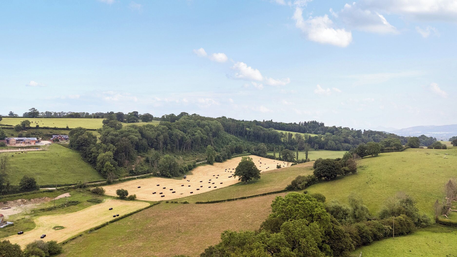 Un paisaje rural con campos, árboles y algunos edificios.