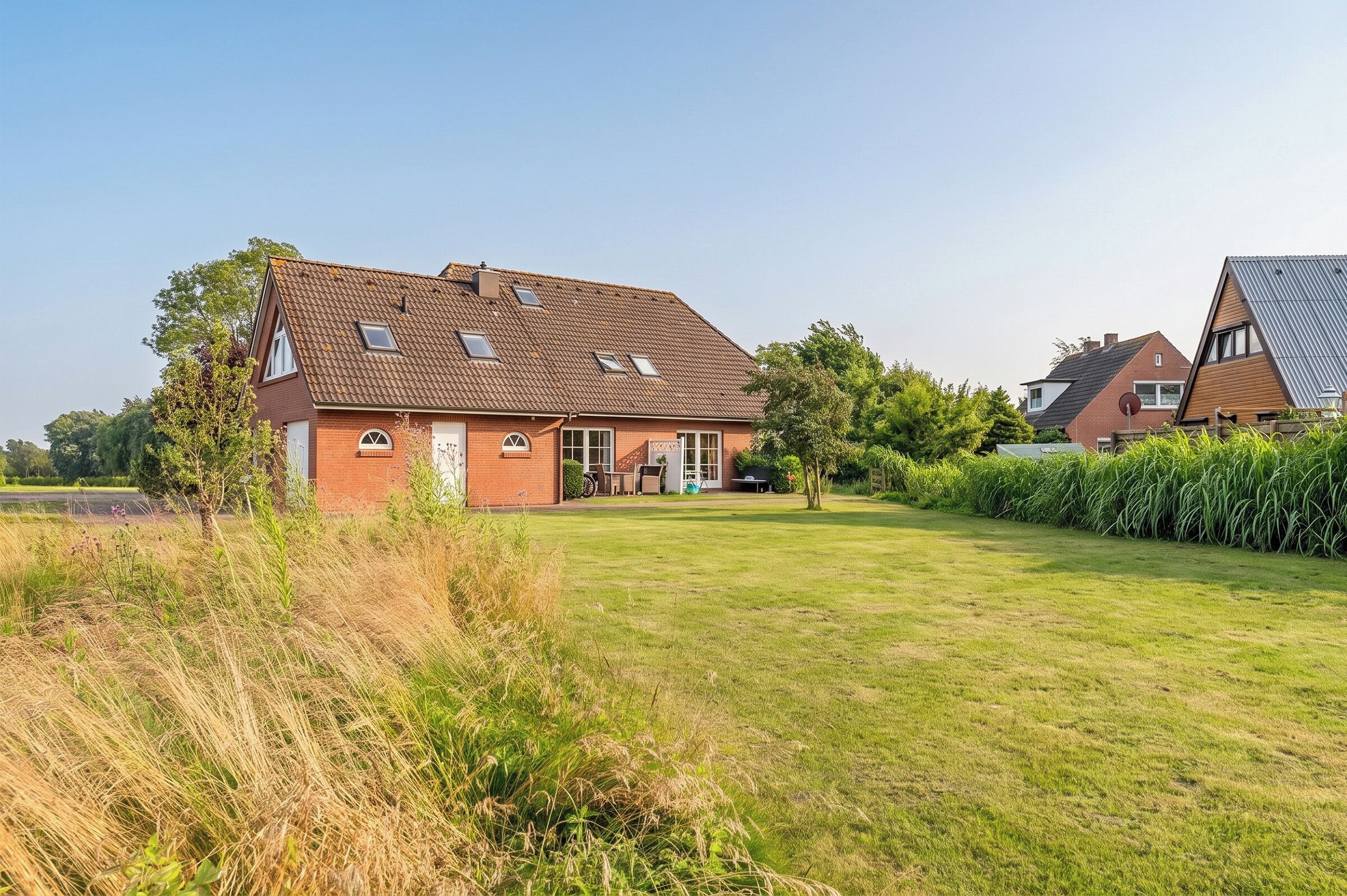 Ein Wohnhaus mit geneigtem Dach, einer Veranda und einem gepflegten Rasen.