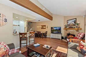 TV, fireplace, DVD player, video library