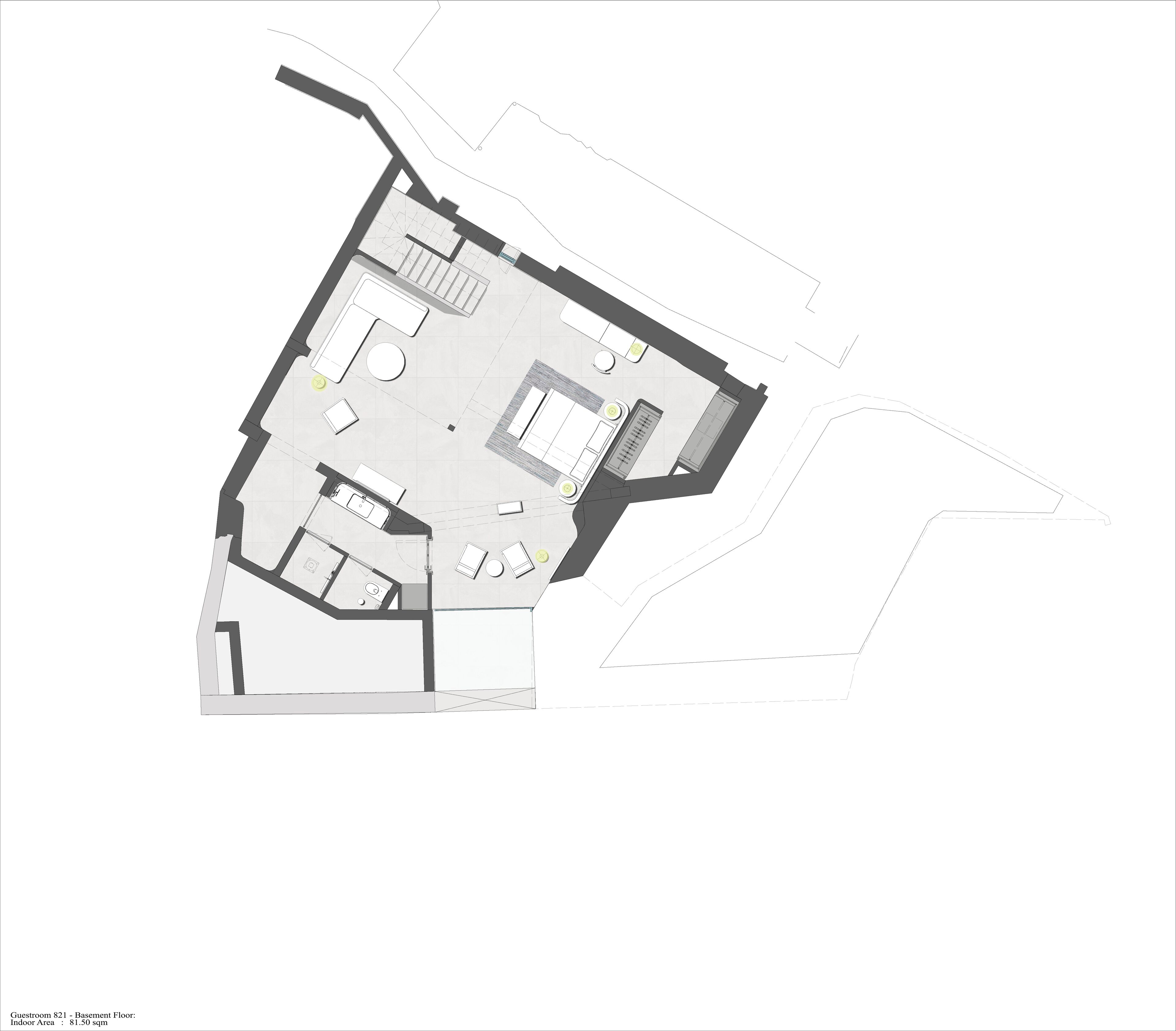 A floor plan of Guestroom 821 with a basement floor, including a kitchen, dining area, and a small bathroom.