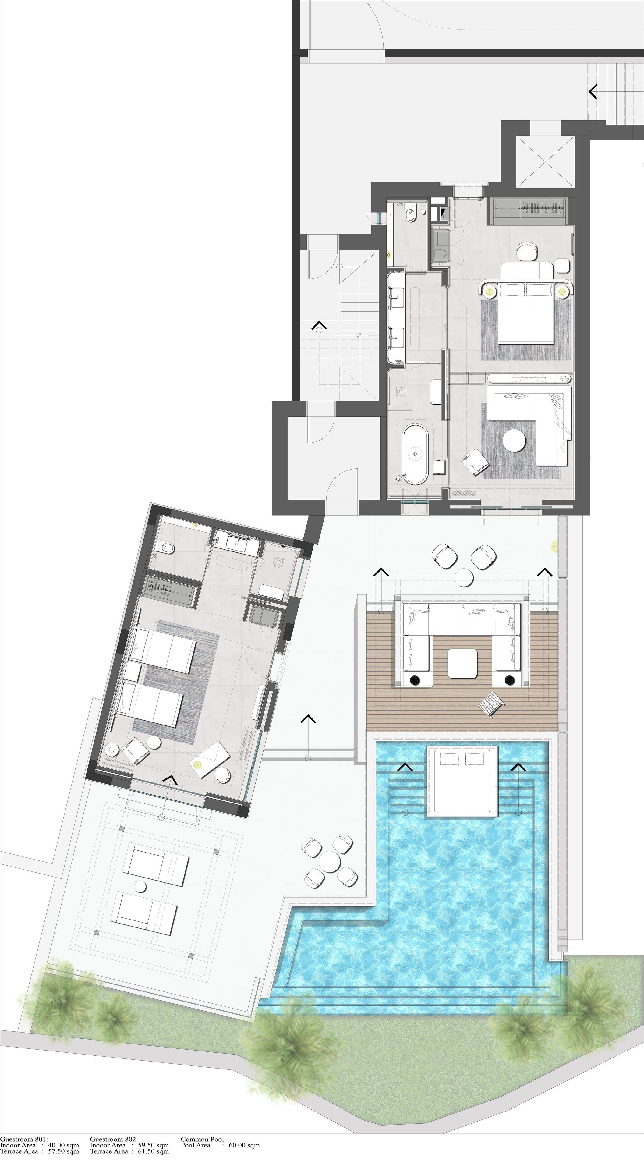 Plano de planta de un hotel que muestra dos habitaciones de huéspedes, una zona de piscina compartida y una terraza.