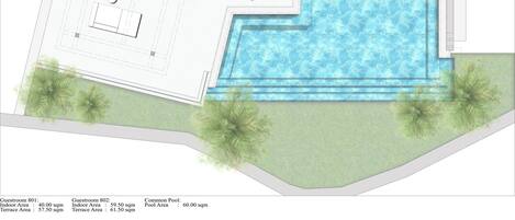 Plano de planta de un hotel que muestra dos habitaciones de huéspedes, una zona de piscina compartida y una terraza.