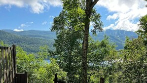 Un tavolo da picnic con panche su un'area pavimentata in pietra, circondato da alberi e con vista su montagne lontane.