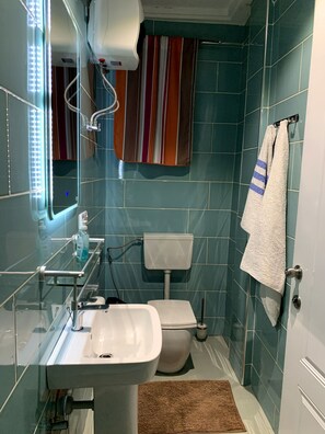 Bidet, towels, soap, shampoo