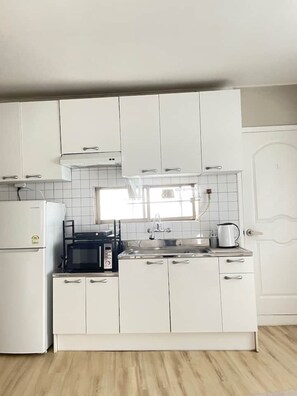 Fridge, microwave, stovetop, electric kettle